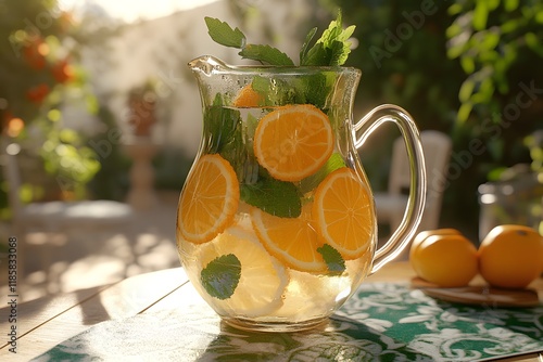 Sunlit citrus infused water pitcher, garden, summer refreshment photo