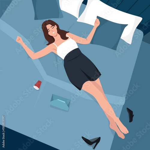 Young woman lying on her bed drunk and passed out in a messy room after a party. Flat vector character illustration