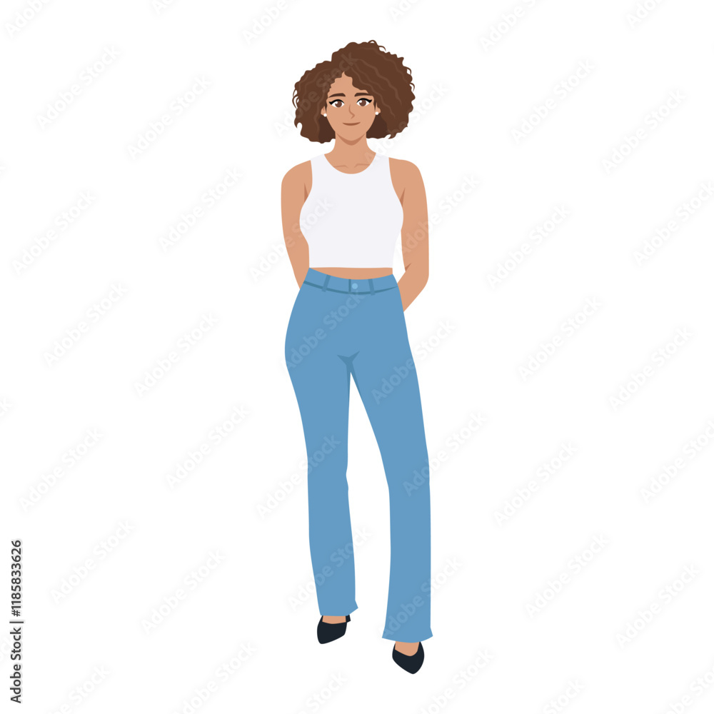 Young woman in white tanktop posing. Flat vector character illustration Young woman in white tanktop posing. Flat vector character illustration
