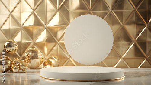 Realistic white 3d round podium set with gold backdrop partition for minimalist product display and stage showcase. photo