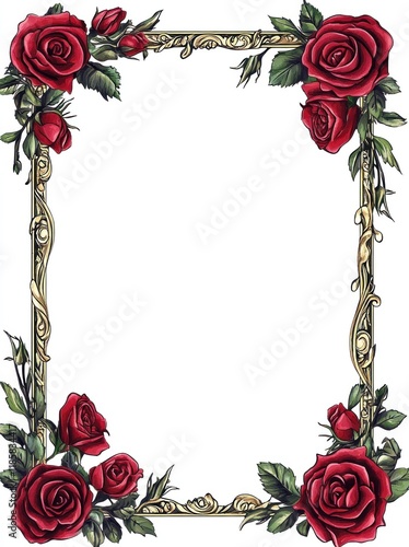 Red roses frame empty background for text or photo, vector border for wedding or cards