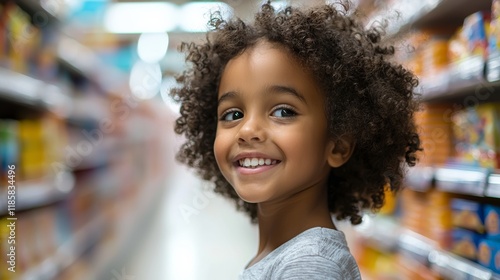 Young girl with curly hair is smiling at the camera in a grocery store. She is holding a bag of chips in her hand
