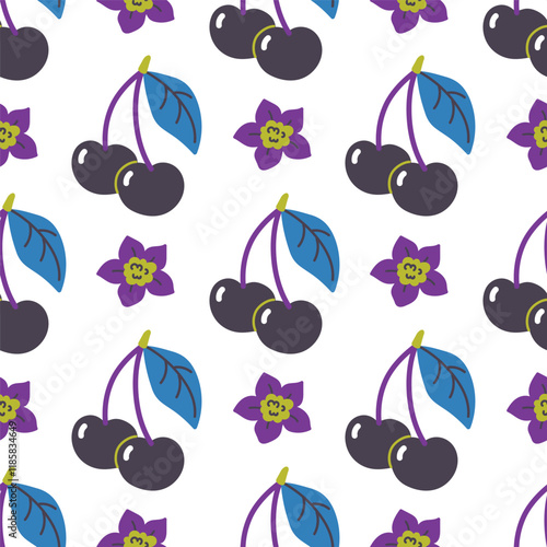 Seamless pattern with black cherries and flowers. Botanical cute print