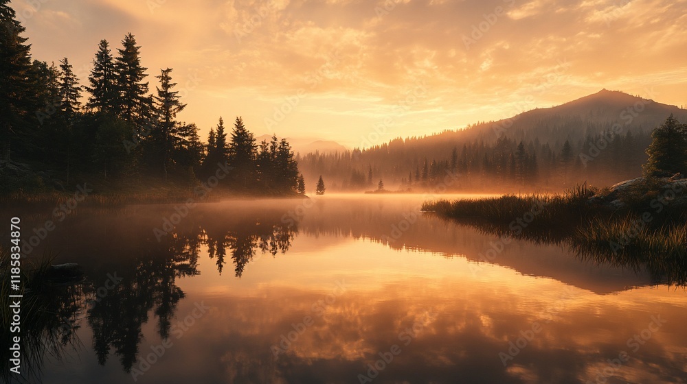 Serene sunrise over a misty lake reflecting the golden sky, surrounded by a tranquil forest. Serene sunrise over a misty lake reflecting the golden sky, surrounded by a tranquil forest.