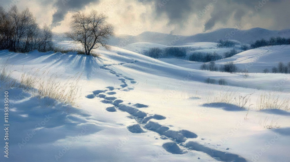 A peaceful snowscape with untouched snow covering rolling hills, faint footprints trailing off into the distance