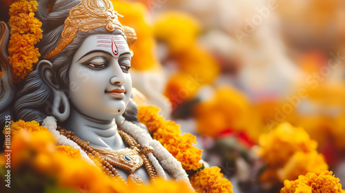 Maha Shivaratri Banner, majestic statue of Lord Shiva with shining trishula in the center background, decorated with jasmine and marigold flowers, Ai generated images. photo