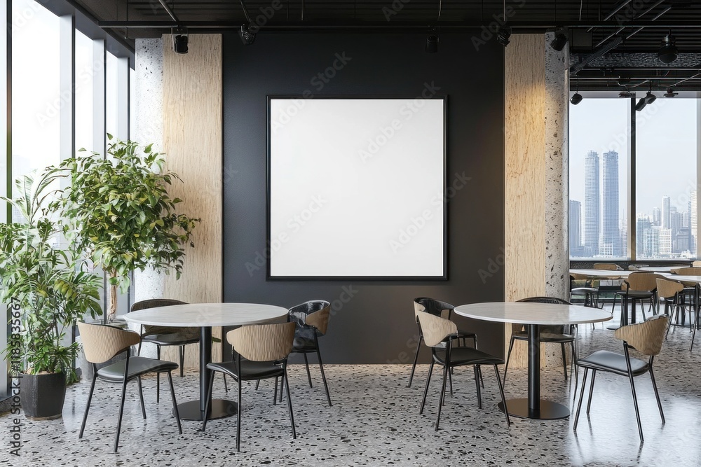 Modern cafe interior with blank poster, tables, chairs, and city view. Modern cafe interior with blank poster, tables, chairs, and city view.