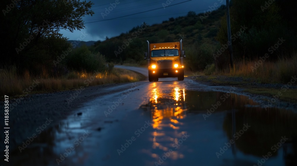 Fototapeta premium Night Drive: Lone Truck on a Wet Road