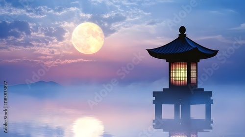 lantern with the moon shining behind it, photo