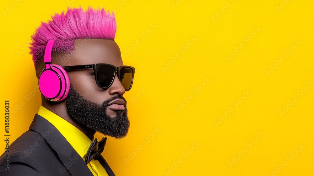 Man with pink hair and sunglasses stands in front of a yellow background. He is wearing headphones and a suit Man with pink hair and sunglasses stands in front of a yellow background. He is wearing headphones and a suit