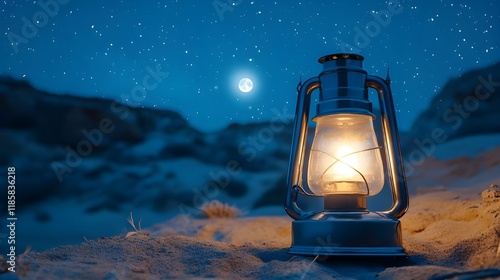 lantern with the moon shining behind it, photo