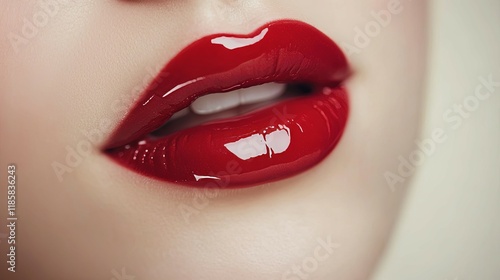Close-up of vibrant red female lips with a glossy
