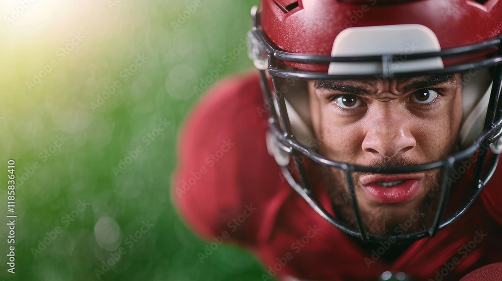 Close-up Portrait Determined Football Player in Red Helmet, Green Field Background, American Football, Sports Photography American Football, Sports Portrait Close-up Portrait Determined Football Player in Red Helmet, Green Field Background, American Football, Sports Photography American Football, Sports Portrait