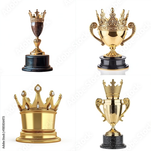 Four gold trophy cups and crowns on white. photo