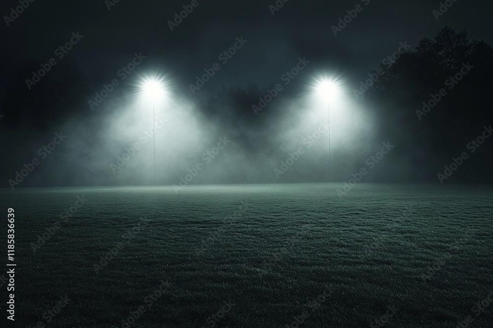 Two bright stadium lights illuminate a foggy field at night. Two bright stadium lights illuminate a foggy field at night.