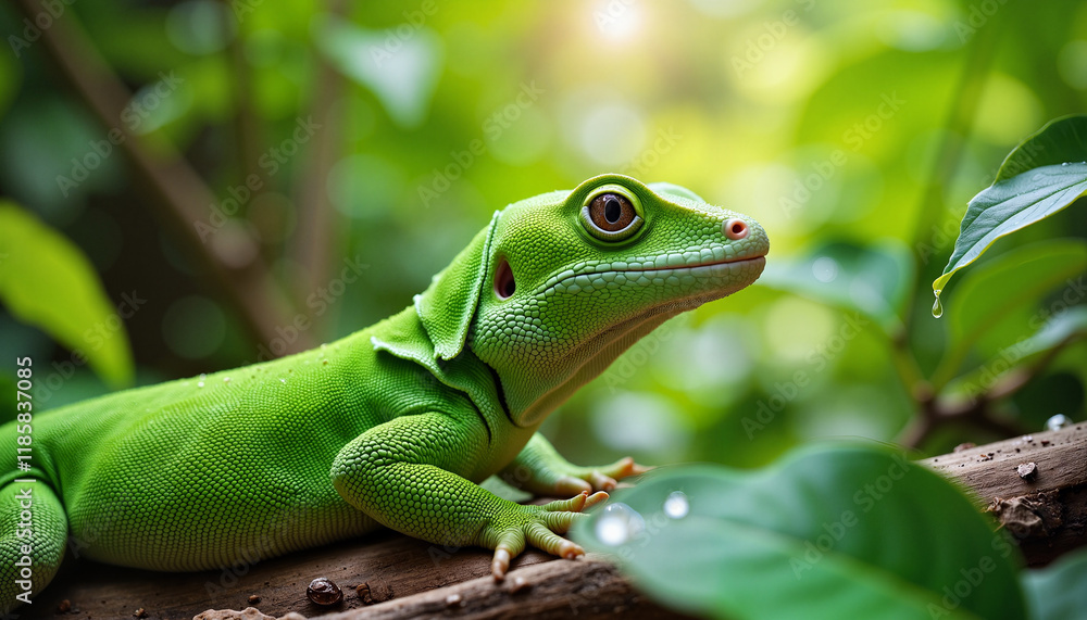 Fototapeta premium Vibrant green gecko resting on branch in tropical rainforest, nature's beauty