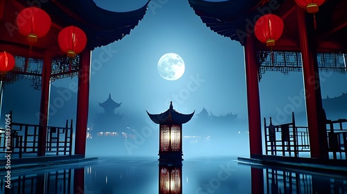 lantern with the moon shining behind it, photo