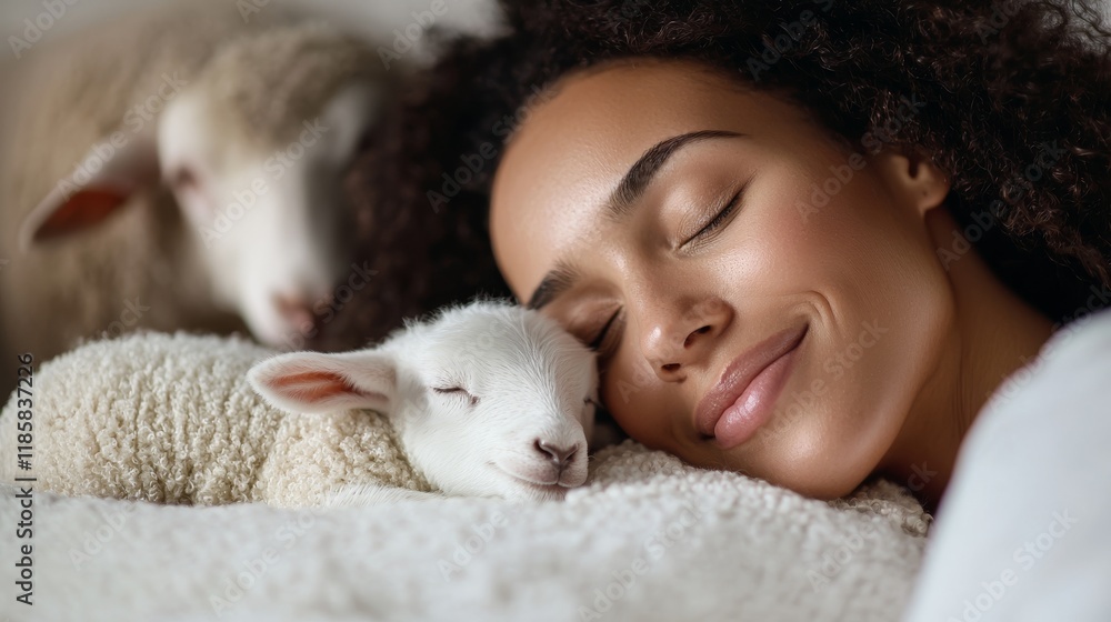 Serene Sleep Woman and Lambs Close-Up, Soft Focus, Peaceful Concept, Animal Photography Sheep, Lambs Serene Sleep Woman and Lambs Close-Up, Soft Focus, Peaceful Concept, Animal Photography Sheep, Lambs