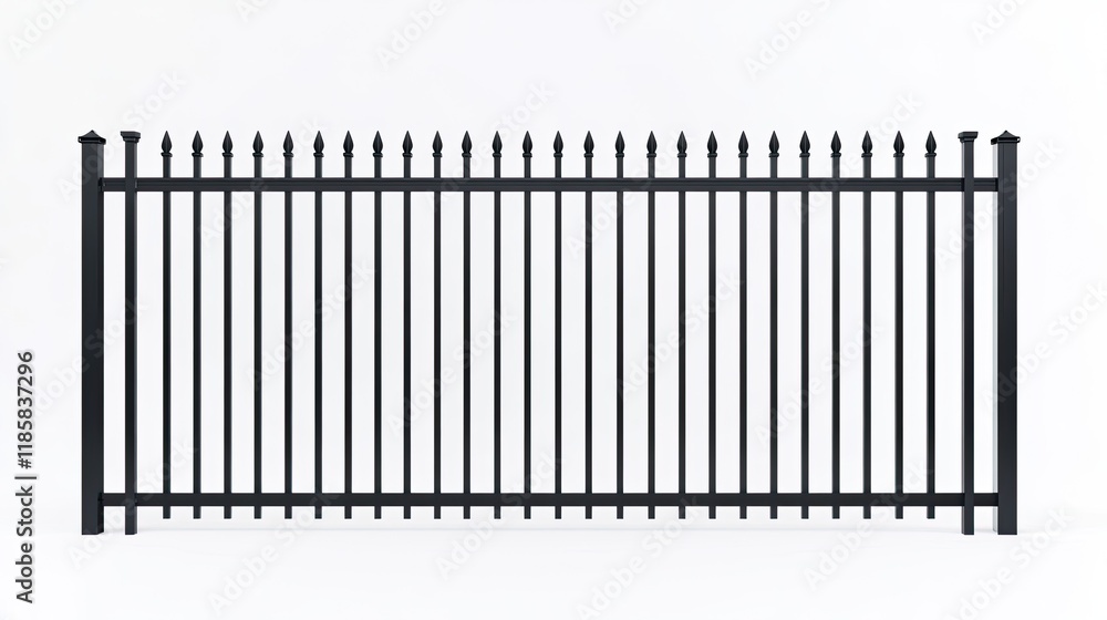 Elegant Black Metal Fence with Vertical Bars and Decorative Spikes on a White Background for Architectural and Design Concepts Elegant Black Metal Fence with Vertical Bars and Decorative Spikes on a White Background for Architectural and Design Concepts