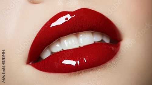 Close-up of vibrant red female lips with a glossy
