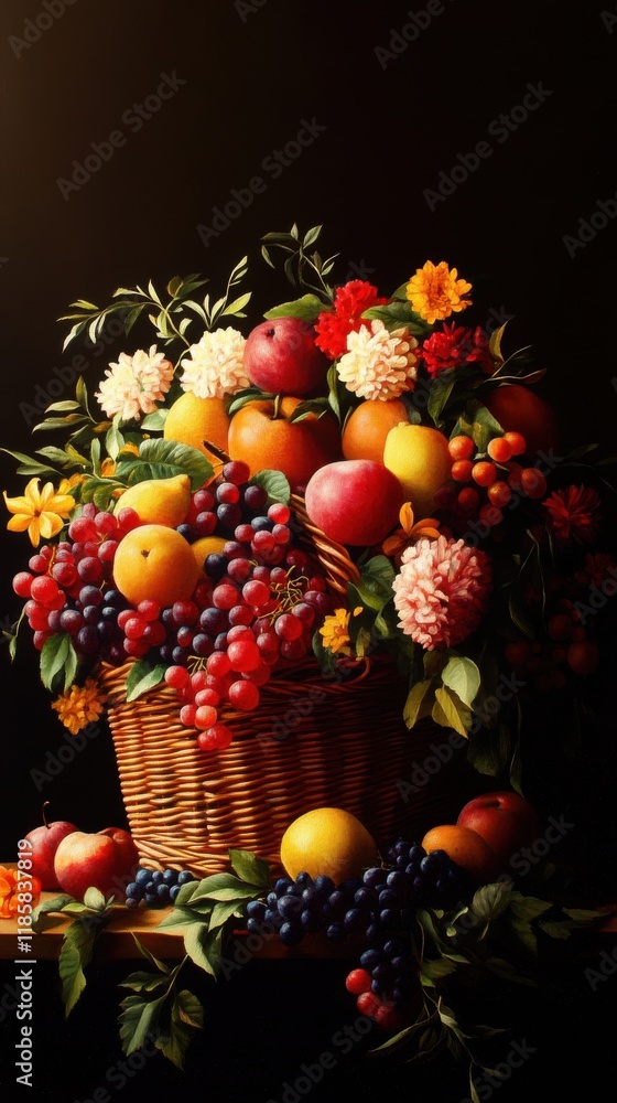 A vibrant basket overflowing with colorful fruits and flowers, creating a rich and inviting display against a dark background. A vibrant basket overflowing with colorful fruits and flowers, creating a rich and inviting display against a dark background.