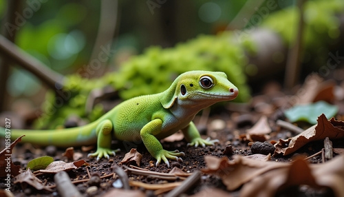 Mossy leaf-tailed gecko blending into forest debris, natural camouflage photo