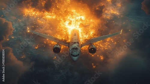 Damaged Passenger Plane Gliding Over Fiery River Scene