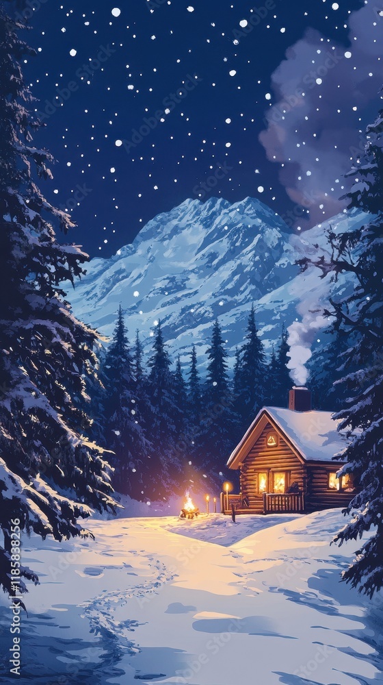 Fototapeta premium Snowy Mountain Cabin Winter Night Scene