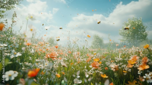 A picturesque sunny day in a countryside meadow, with wildflowers swaying and bees buzzing
