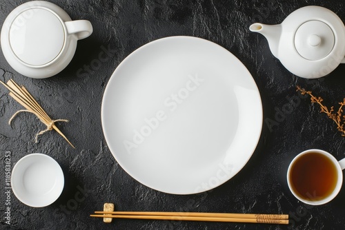 Empty plate, tea set, chopsticks, dark background, Asian food menu (2) photo