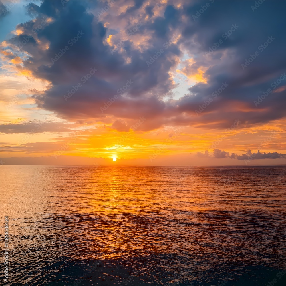 Fototapeta premium sunset over the ocean, Sunset sky clouds over sea in the evening with Orange, Yellow sunlight Golden hour in Summer landscape,