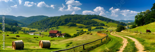 Serenity Defined: A Scenic View of the Picturesque, Tranquil Countryside under the Clear Blue Sky photo