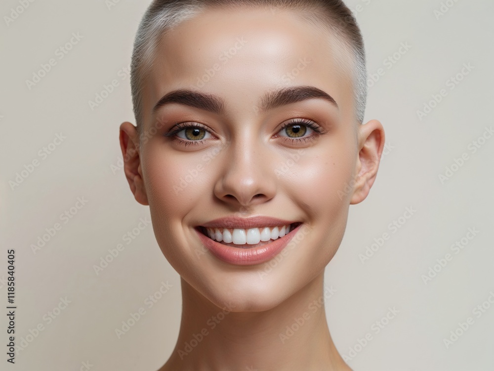a warm and inviting portrait photo of a woman with a really short haircut, styled in a chic and modern way, against a clean and simple background, she is smiling a warm and inviting portrait photo of a woman with a really short haircut, styled in a chic and modern way, against a clean and simple background, she is smiling