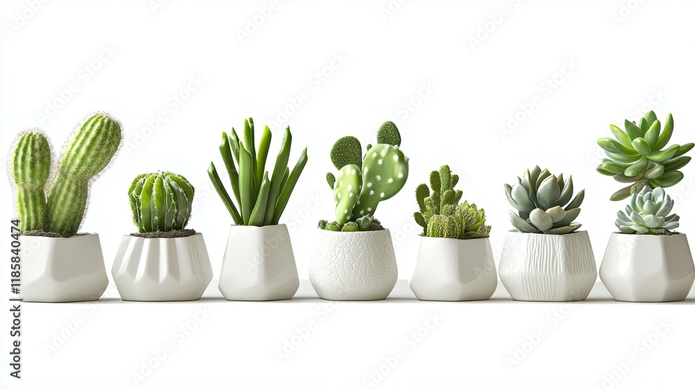 Succulents and Cacti in Minimalist White Pots: A Serene Green Arrangement Succulents and Cacti in Minimalist White Pots: A Serene Green Arrangement