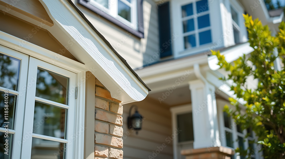 Fototapeta premium Close-up of a house's exterior, focusing on a window and brick detail. A second, out-of-focus house is in the background. The scene is bright, featuring neutral tones of beige, white, and brick.