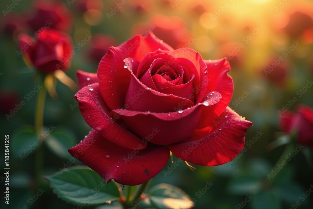 Red rose with dew drops, glowing intensely in sunlight, luxury, sunlight Red rose with dew drops, glowing intensely in sunlight, luxury, sunlight