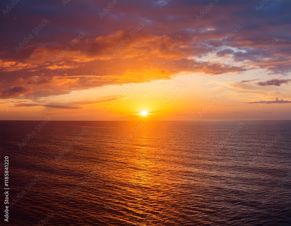 Fototapeta premium sunset over the ocean, Sunset sky clouds over sea in the evening with Orange, Yellow sunlight Golden hour in Summer landscape,