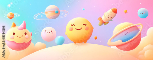 Adorable space scene featuring cheerful planets, smiling sun, and playful rockets in colorful flat style. Perfect for children themes and imaginative designs