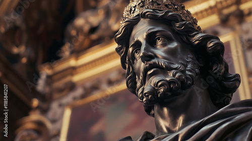 Majestic King Statue with Crowned Head, Dark Bronze Sculpture, Religious Art Close-Up Detail, Symbolizing Royalty, Divine Power, and Spiritual Authority, Ai generated images photo