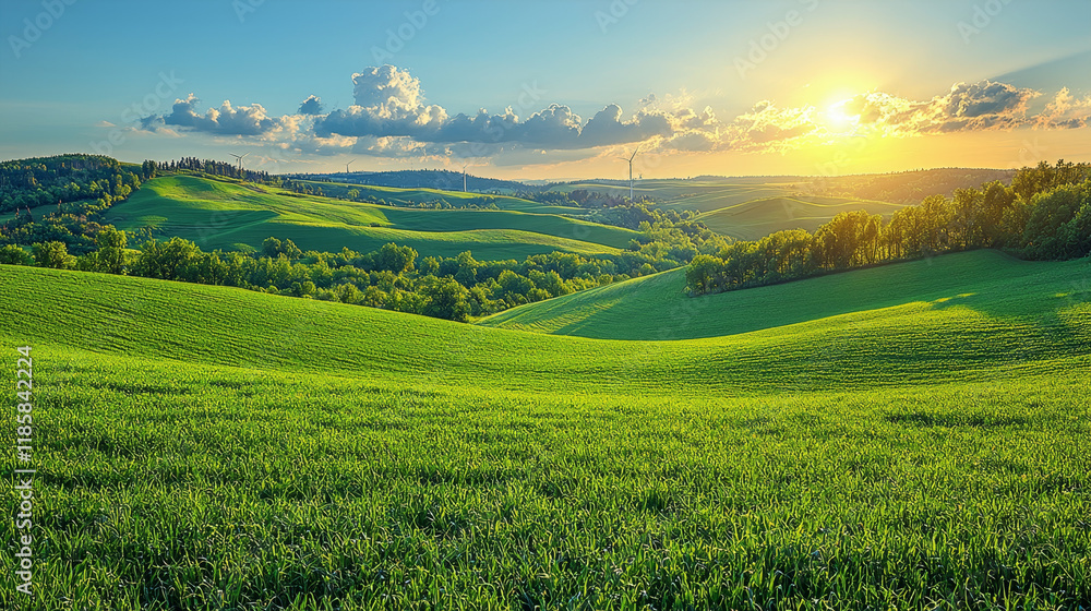 Sunset over rolling green hills and fields. Sunset over rolling green hills and fields.