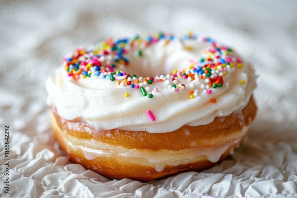 Freshly baked donut with creamy white frosting and vibrant sprinkles, creating a tempting treat Freshly baked donut with creamy white frosting and vibrant sprinkles, creating a tempting treat