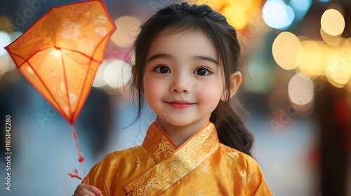 Generative AI Image of Chinese Little Girl Smiling with Holding Kite with Bokeh