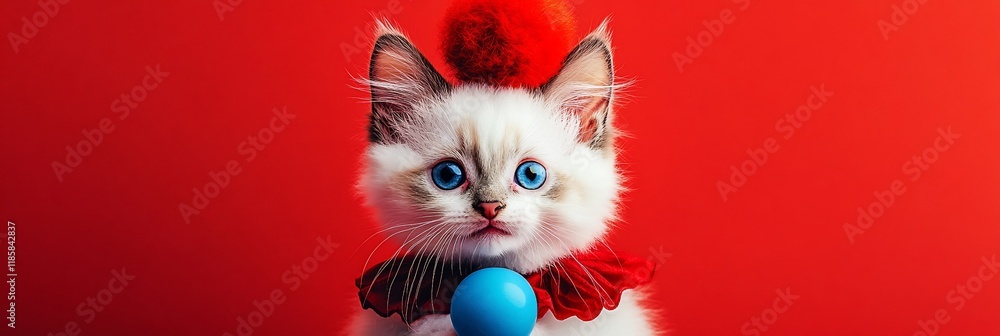 Cute fluffy kitten in red jester costume against red background. Cute fluffy kitten in red jester costume against red background.