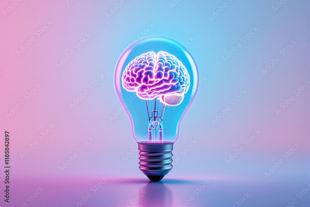 Glowing lightbulb showcasing a vibrant brain inside, set against a gradient purple-blue background. Symbol of innovation, creativity, and ideas. Ai generative Glowing lightbulb showcasing a vibrant brain inside, set against a gradient purple-blue background. Symbol of innovation, creativity, and ideas. Ai generative