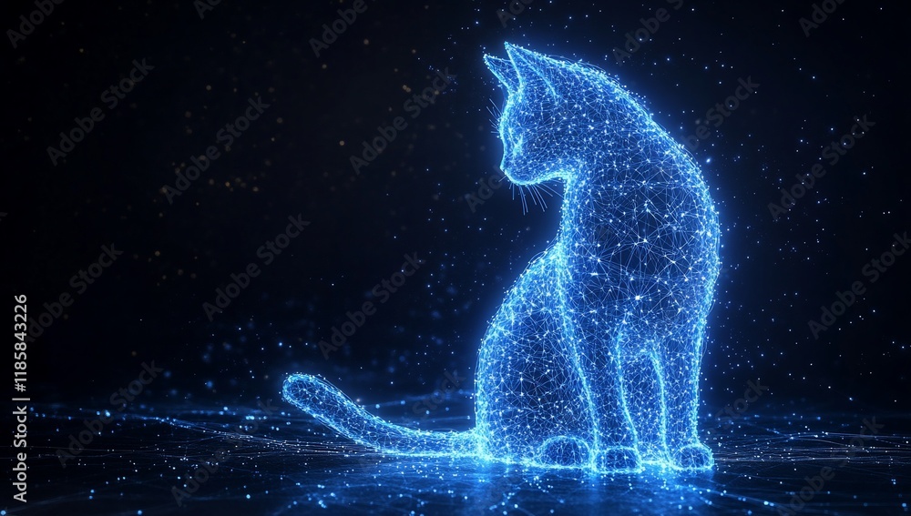 Glowing digital cat silhouette on dark background. Glowing digital cat silhouette on dark background.