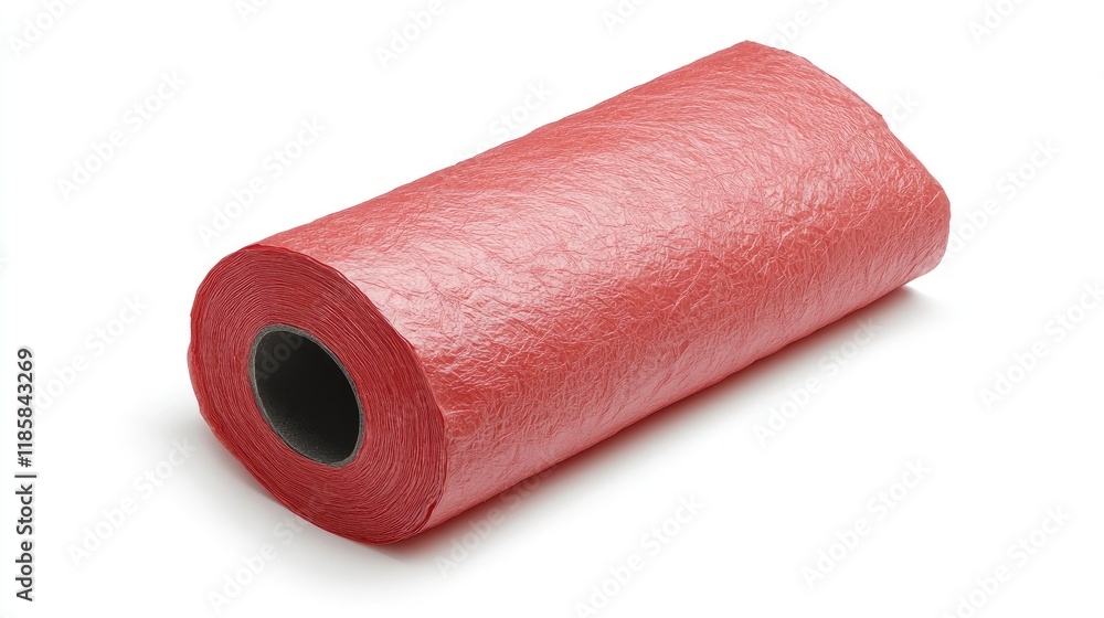 Red Textured Roll of Industrial Paper with Crinkled Surface on White Background for Packaging and Crafting Red Textured Roll of Industrial Paper with Crinkled Surface on White Background for Packaging and Crafting