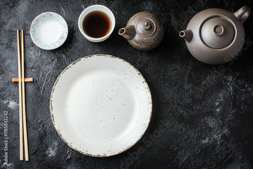 Empty plate, tea set, chopsticks, dark table, Asian food (3) photo