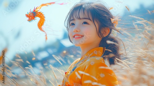 Generative AI Image of Chinese Little Girl Smiling with Orange Dragon Kite in Meadow