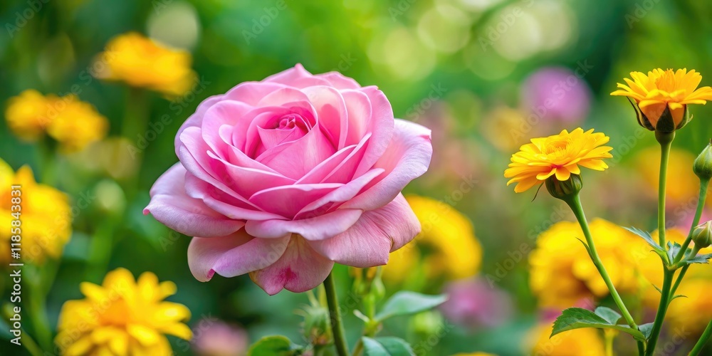 A delicate pink rose is half-bloomed in a lush green garden with vibrant yellow daisies surrounding it, blooming, flowers A delicate pink rose is half-bloomed in a lush green garden with vibrant yellow daisies surrounding it, blooming, flowers