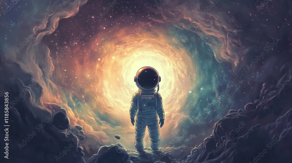 Obraz premium friendly astronaut stands in whimsical galaxy, exploring vibrant cosmic colors and swirling clouds. scene evokes sense of wonder and adventure in space